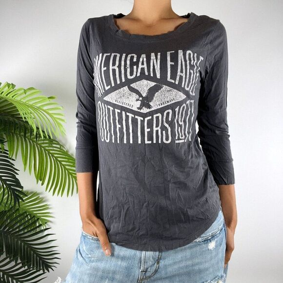 Vintage Y2K American Eagle Gray Indie Grunge Casual Long Sleeve Graphic Tee / S - Picture 4 of 6